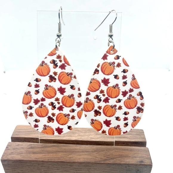 Faux Leather Teardrop Pumpkin and Acorn Print Earrings - Picture 1 of 4